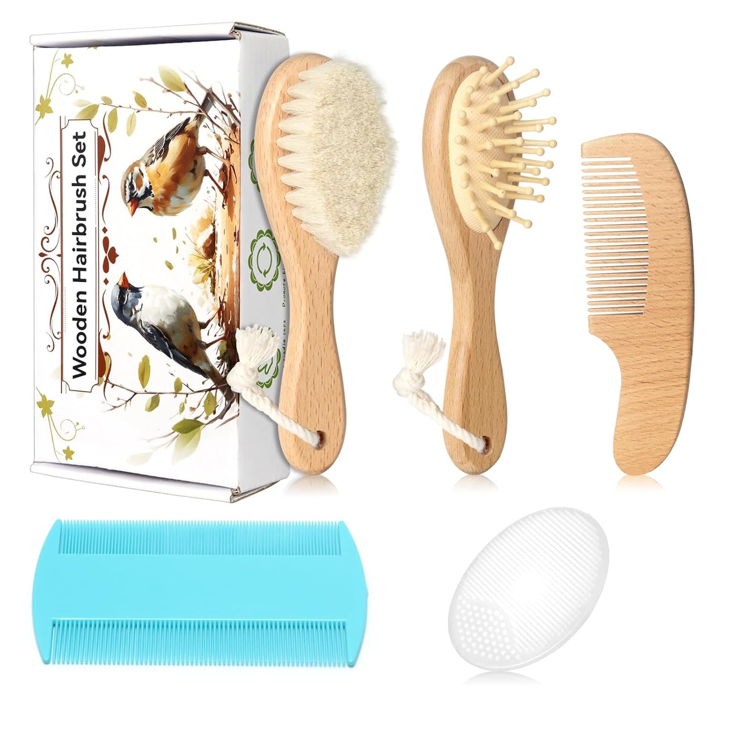 5-in-1 Baby Hair Care Kit Wooden Goat Bristle Brush & Cradle Cap Comb Set for Newborn Grooming (Boys & Girls)