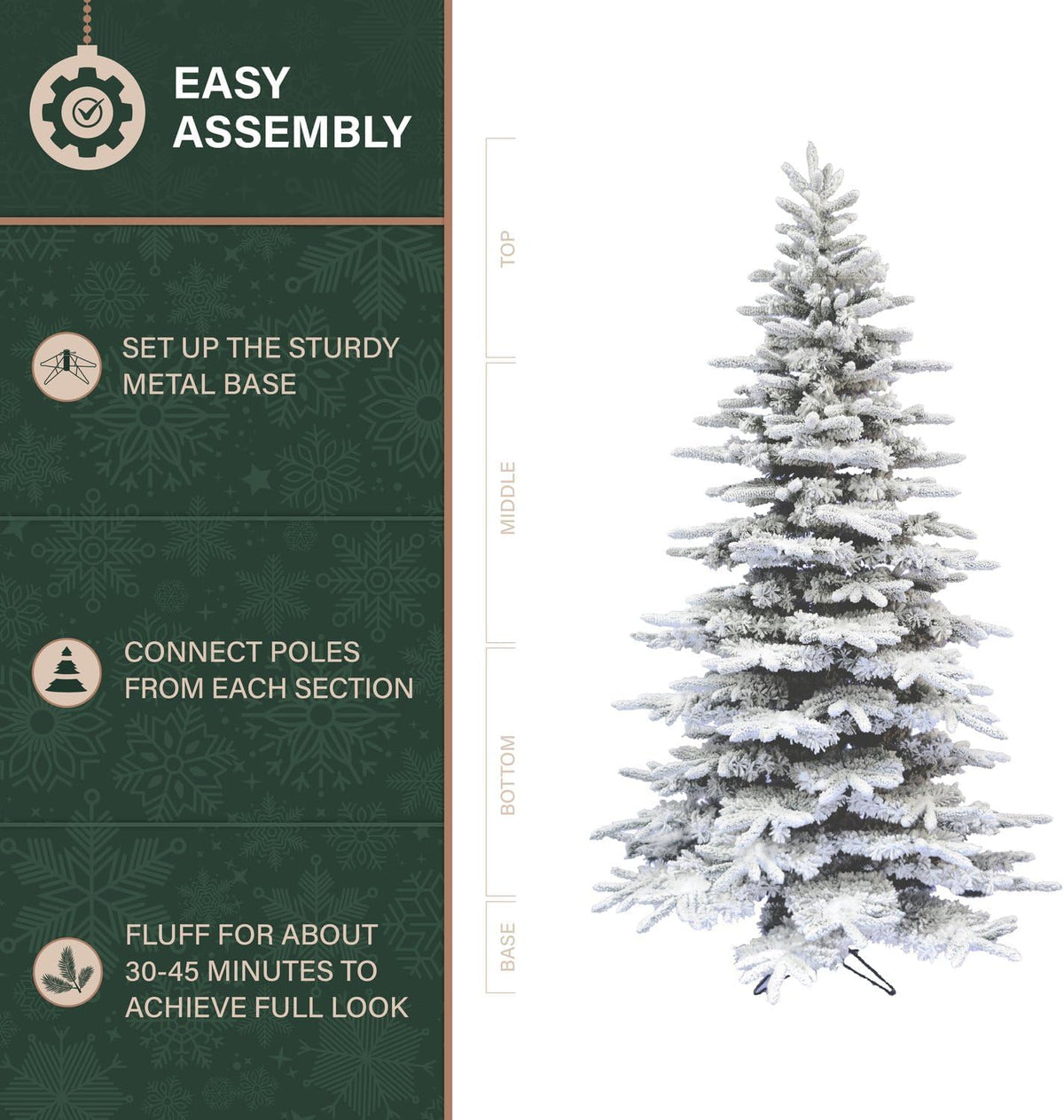 Fraser Hill Farm 9-Ft. Pine Valley Flocked Christmas Tree, Snowy Xmas Tree with DIY Potential with No Attached Lights, Artificial Christmas Tree with Metal Base, Easy to Set up