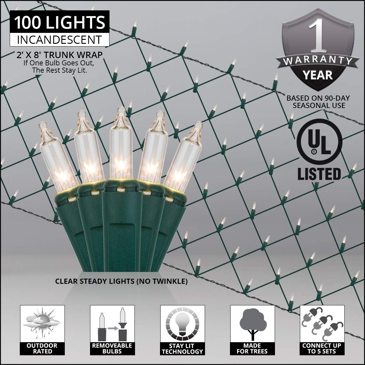 Clear Christmas Trunk Wrap Lights with 100 Lamps on Green Wire, 2' x 8'