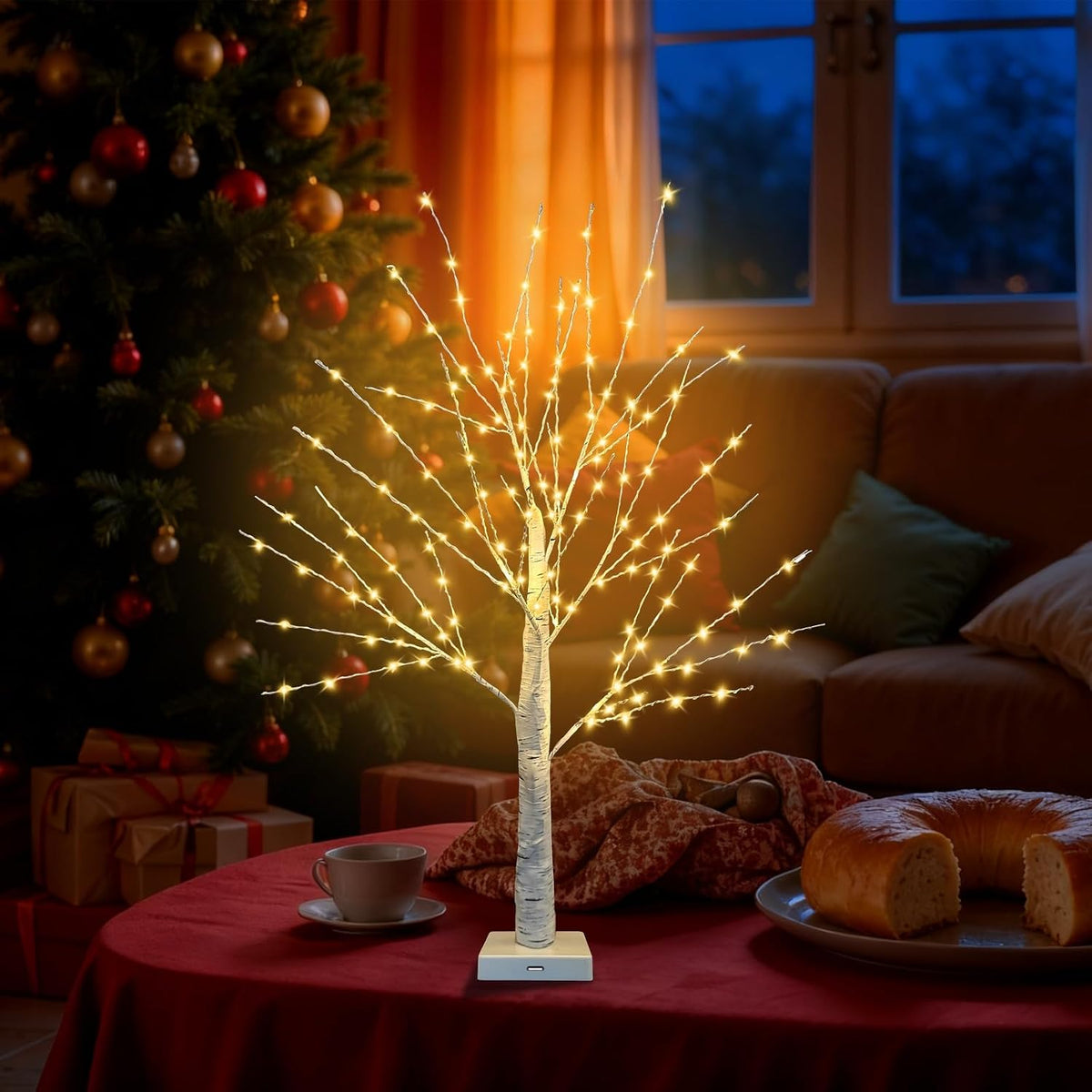 24 Inch Birch Tree with 144 LED Lights for Christmas Decorations Indoor, USB/Battery Powered, Timer, Warm White Twinkling Christmas Trees, Lighted Birch Tree for Tabletop Home Decor (2 Pack)