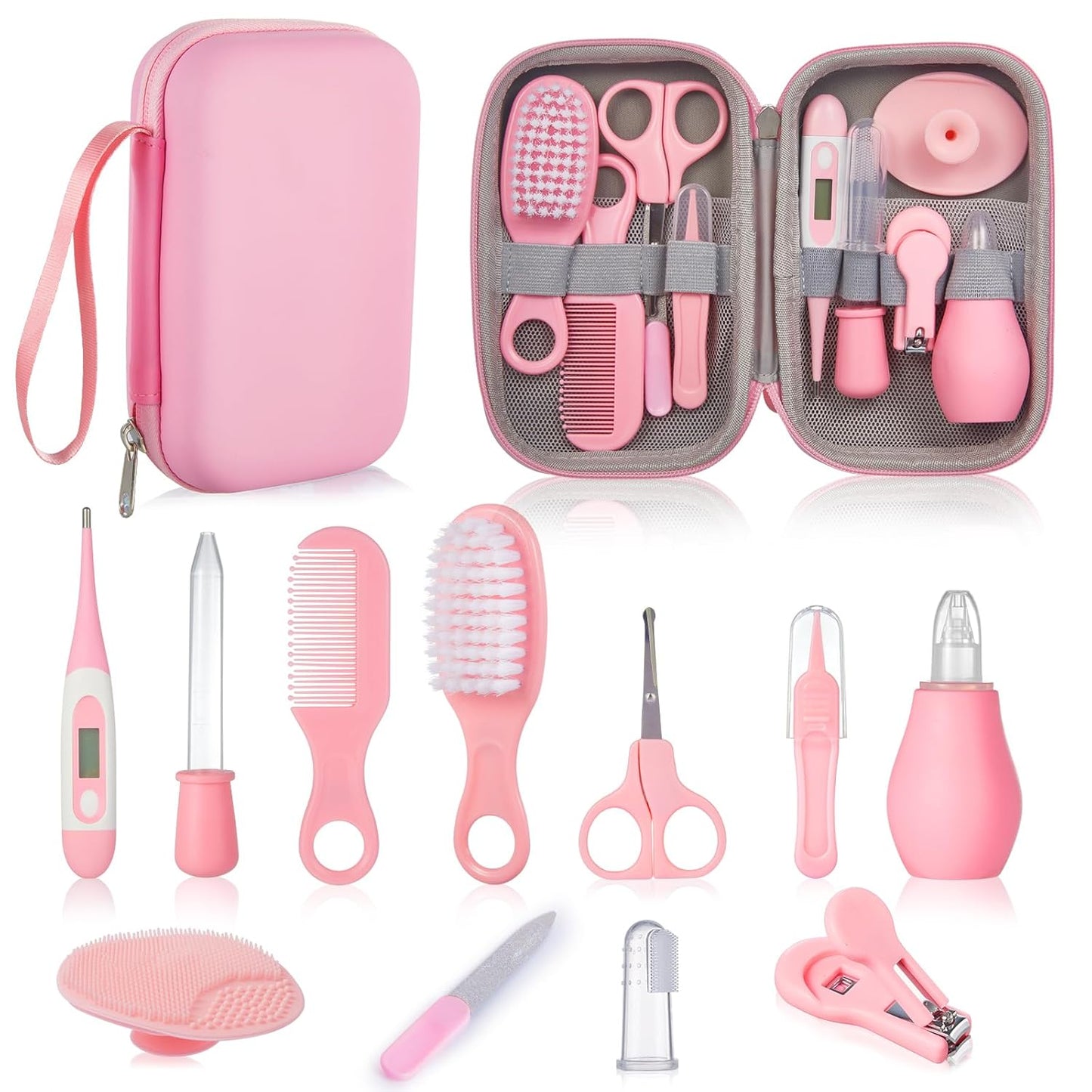 Baby Grooming & Health Care Kit 15-in-1 Newborn Nursery Safety Set with Nail Clippers, Hair Brush & Comb for Infant Girls (Pink)