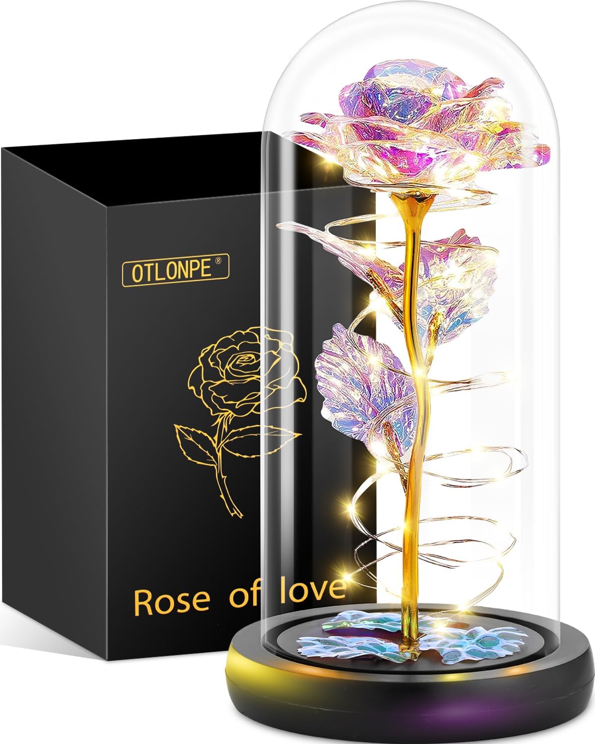 Otlonpe Forever Artificial Glass Rose Flower Lamp, Women Gifts for Birthday Christmas Valentines Mothers Day, Home Decor, Preserved 7.7'' Rose Gifts for Mom Grandma Daughter Wife Girlfriend (Rainbow)