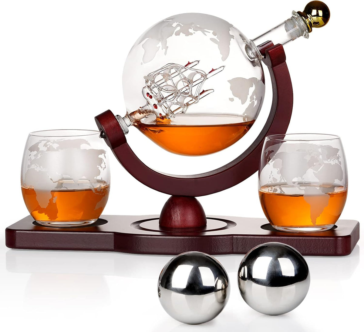PONPUR Gifts for Men Dad Christmas, Whiskey Decanter Globe Set with 2 Ball Stones & 2 Glasses, Anniversary Birthday Gifts for Him Husband Boyfriend Brother, Cool Stuff Gift for Bourbon Scotch