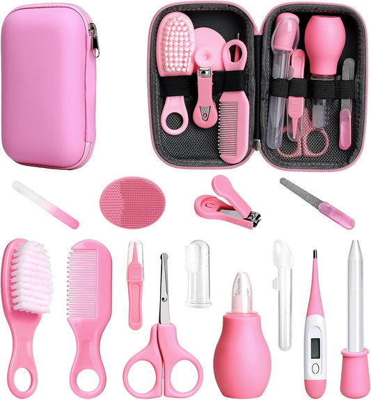 Baby Healthcare & Grooming Kit 14-in-1 Newborn Safety Care Set with Nail Clippers, Hair Brush, Thermometer & Comb (Pink)