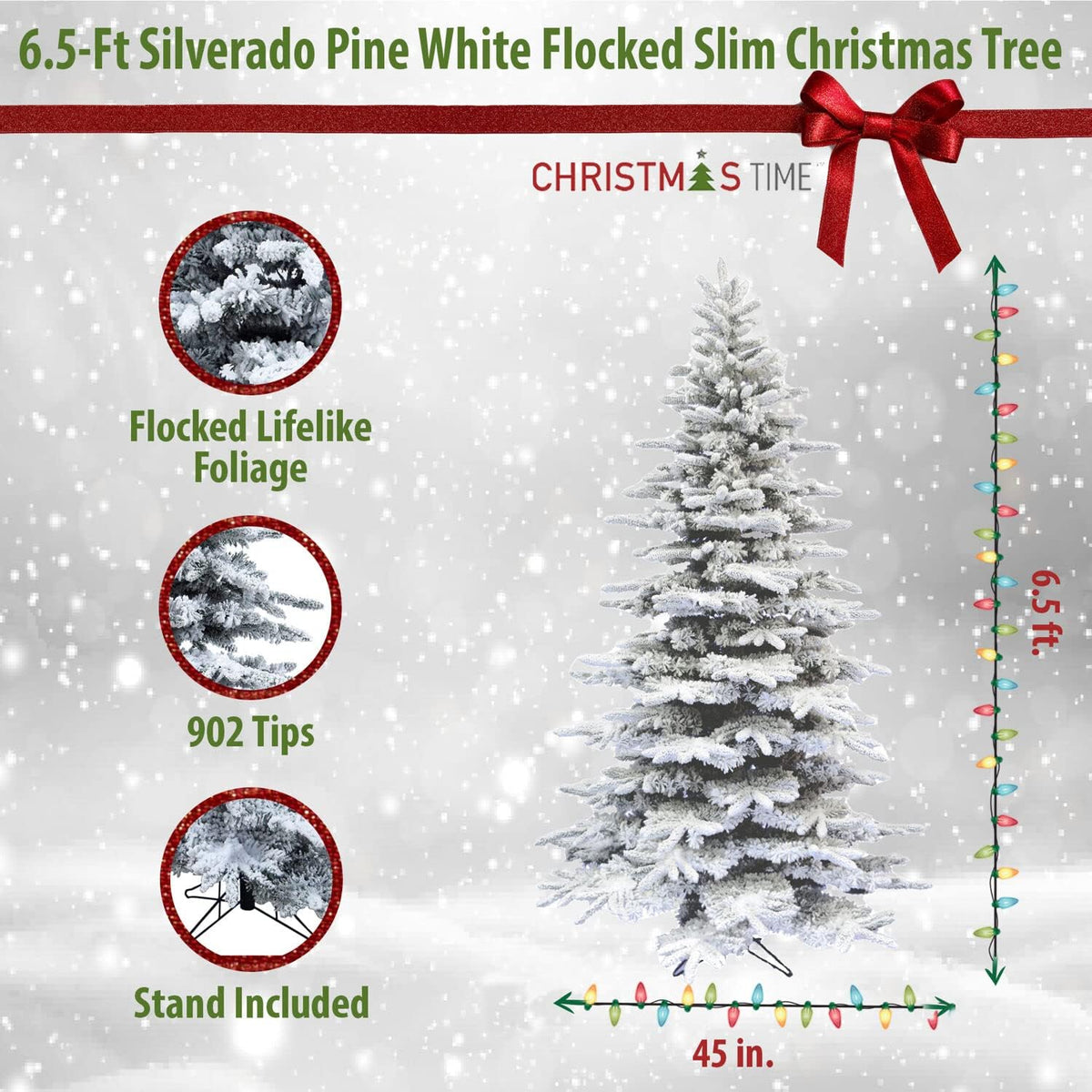 Christmas Time 6.5-Ft Silverado Pine White Flocked Slim Christmas Tree with Metal Stand, No Lights