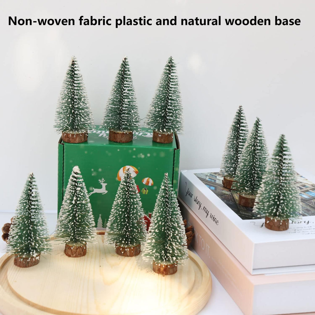 10pcs 4inch Mini Christmas Tree Bottle Brush Trees Chrismas Village Trees Ornaments Mini Plastic Christmas Trees with Wooden Base for Christmas Decoration Miniature Chrismas Tree (Green)