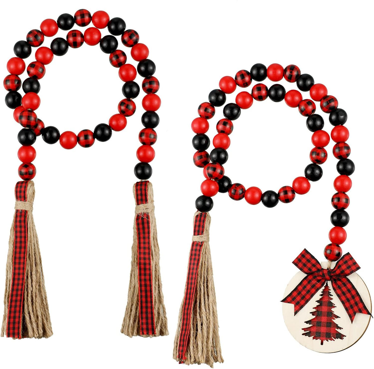 Jetec 2 Pcs Wood Bead Garland Buffalo Plaid with Tassels,Black and Red