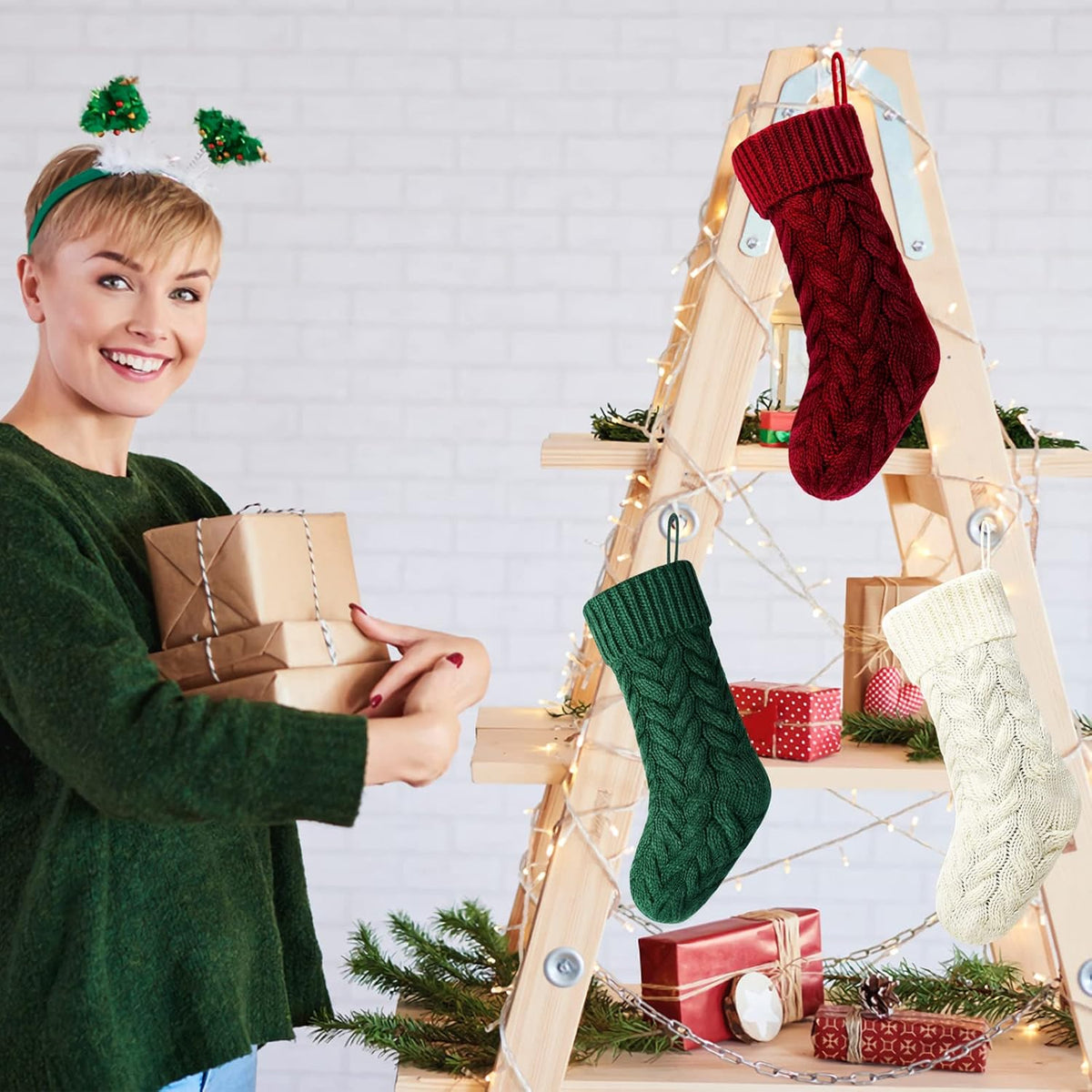 18 Inches Burgundy, Ivory, Green Knitted Christmas Stockings,6 Pack