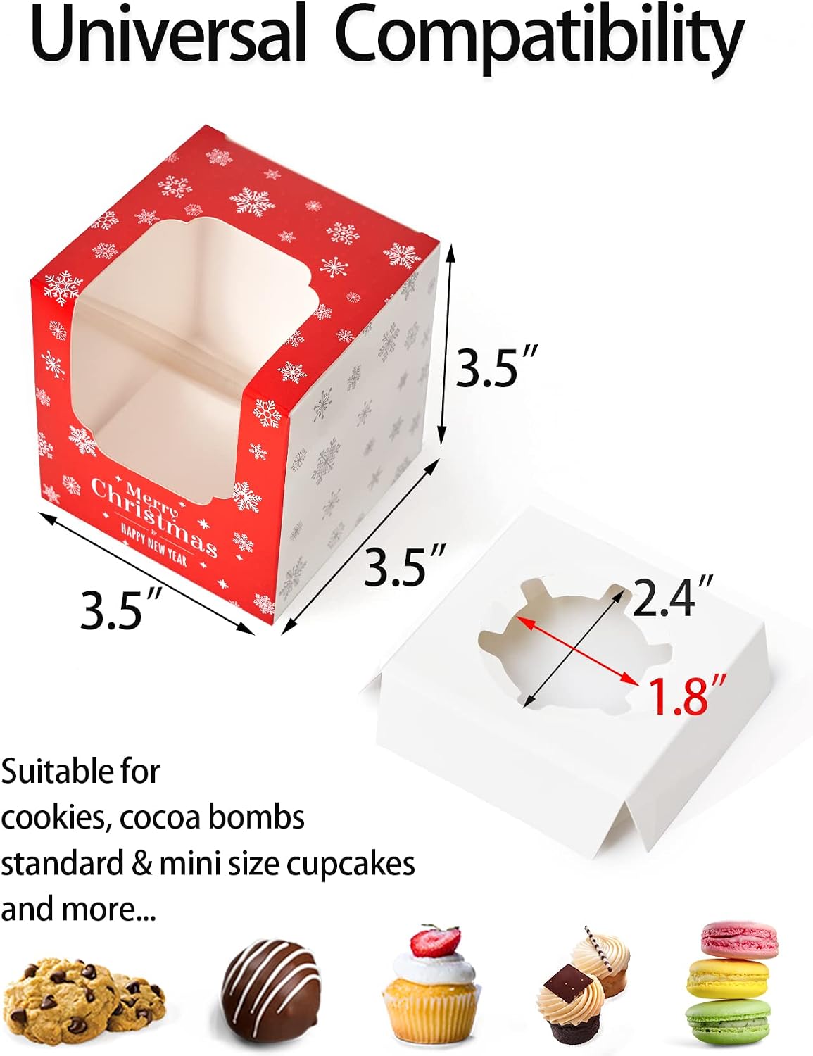 Happyhiram 50 Pack Christmas Red Cupcake Boxes with Inserts and Window