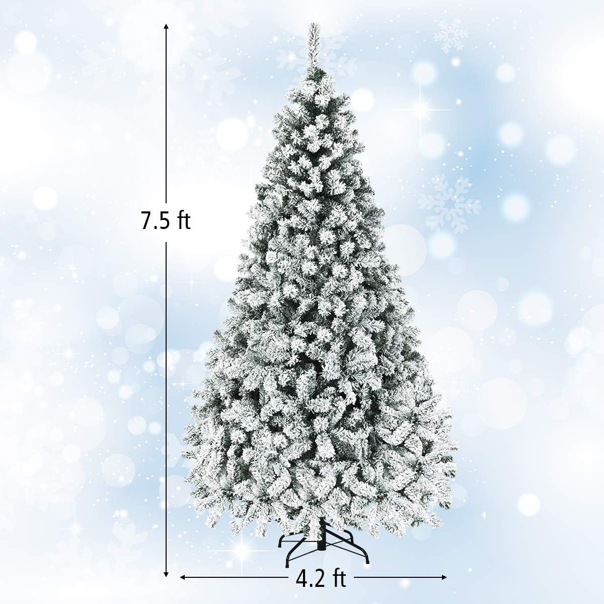 Nightcore 7.5FT Pre-Lit Artificial Christmas Tree, Snow Flocked Hinged Pine Tree w/with 1010 Branches Tips and 450 Warm LED Lights, Perfect Xmas Decoration for Indoor & Outdoor Home Office Party