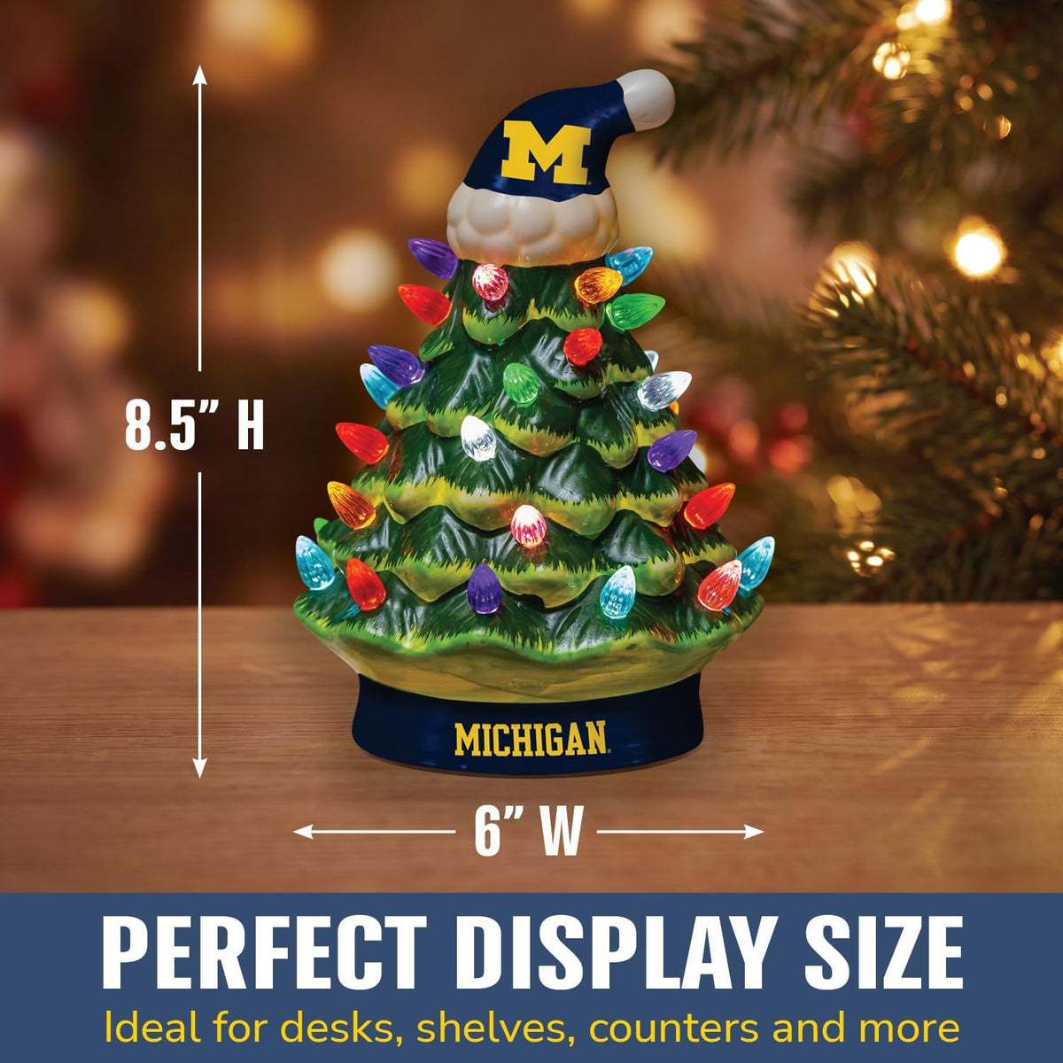 NCAA University of Michigan Ceramic Christmas Trees That Light Up | 8" LED Vintage Christmas Tree | Officially Licensed Team Logo | Christmas Tabletop Decorations for Home