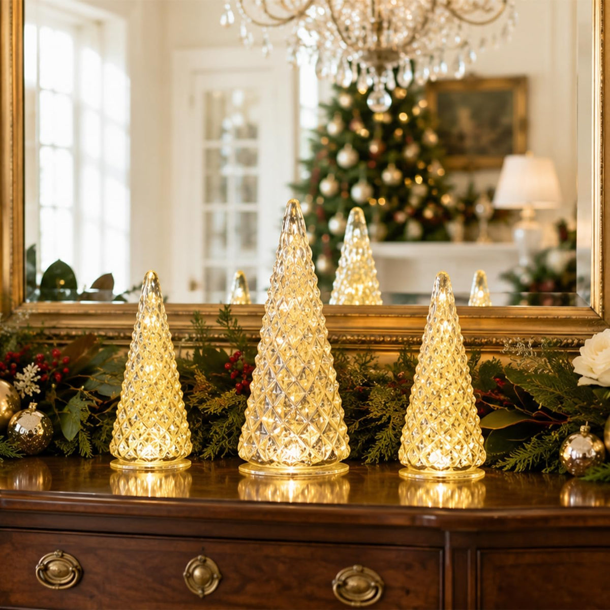 Christmas Decorations Indoor, YEAHOME Set of 3 Pre-lit Gold Glass Christmas Tree for Home Decor, Christmas Table Decorations Lighted Xmas Tree with Timer for Living Room Mantel Tabletop Party