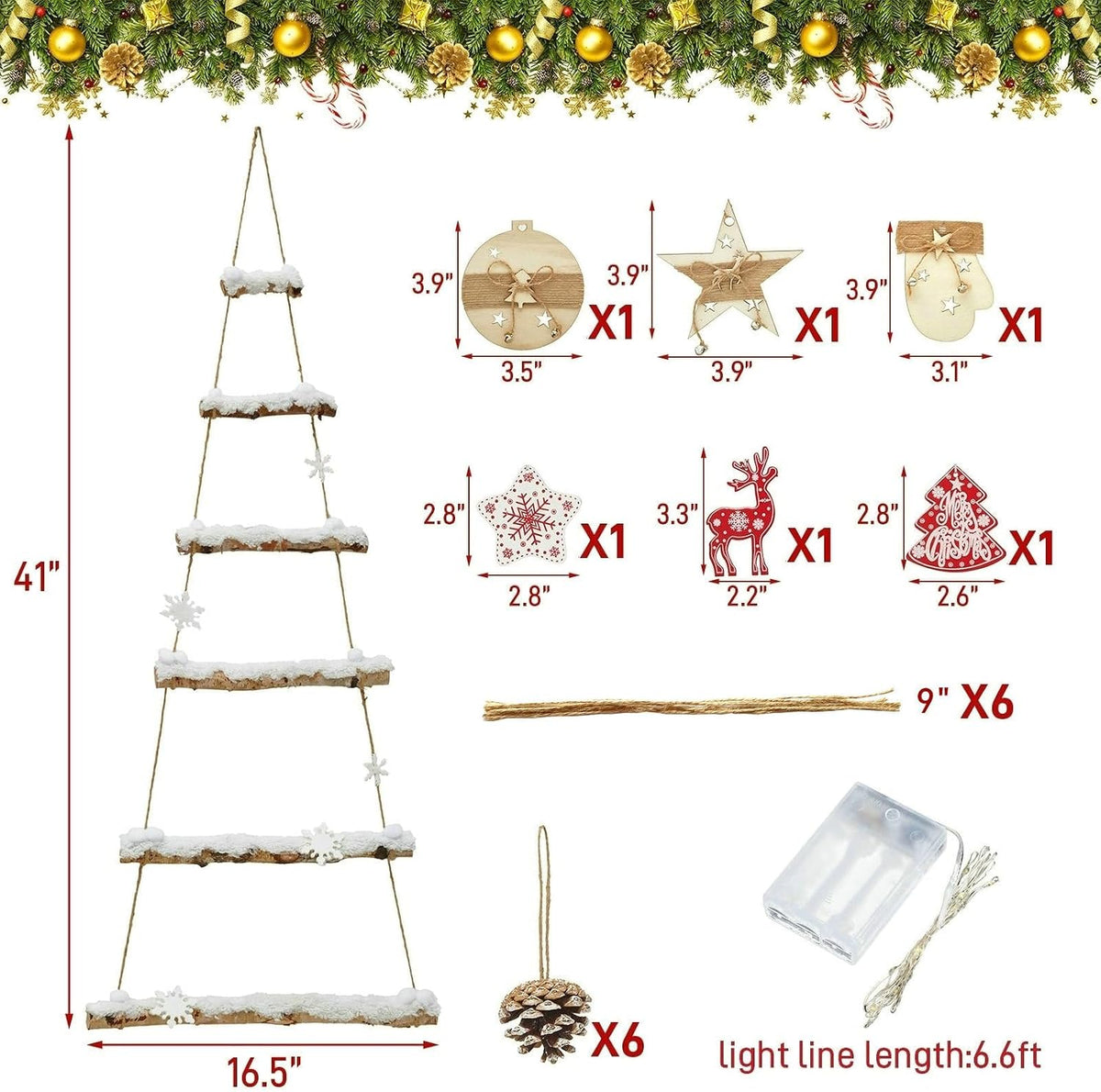 naturevibe Snowy Birch Logs Wall Christmas Tree with Lights and Accessories