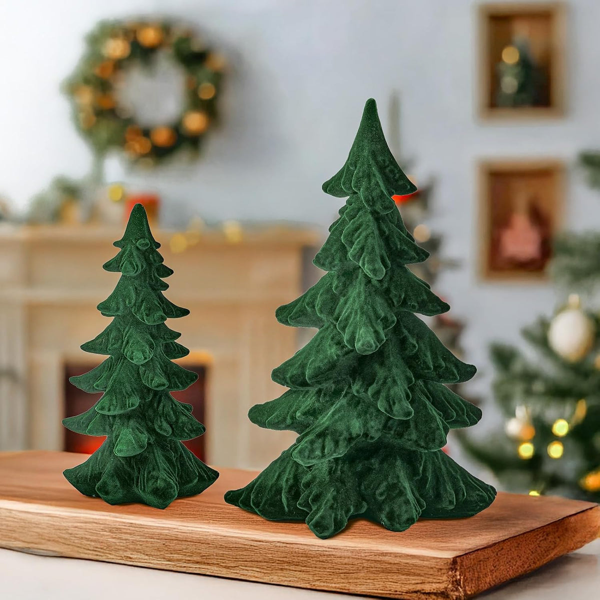 DN DECONATION Flocked Christmas Tree Figurines, Green Velvet Xmas Trees