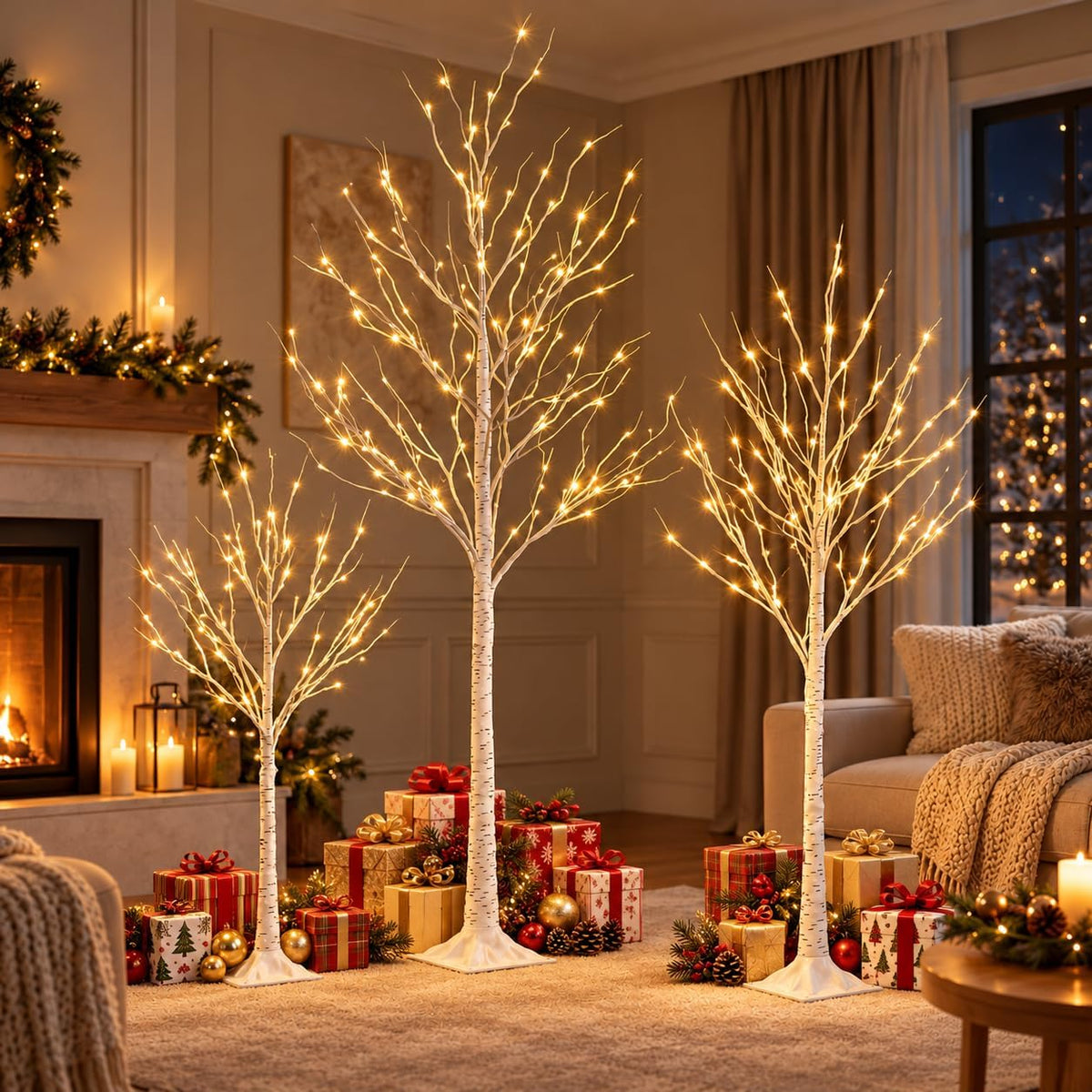 Lighted Birch Trees Set of 3, 8FT 6FT 4FT, 252 LEDs, Timer, Dimmable