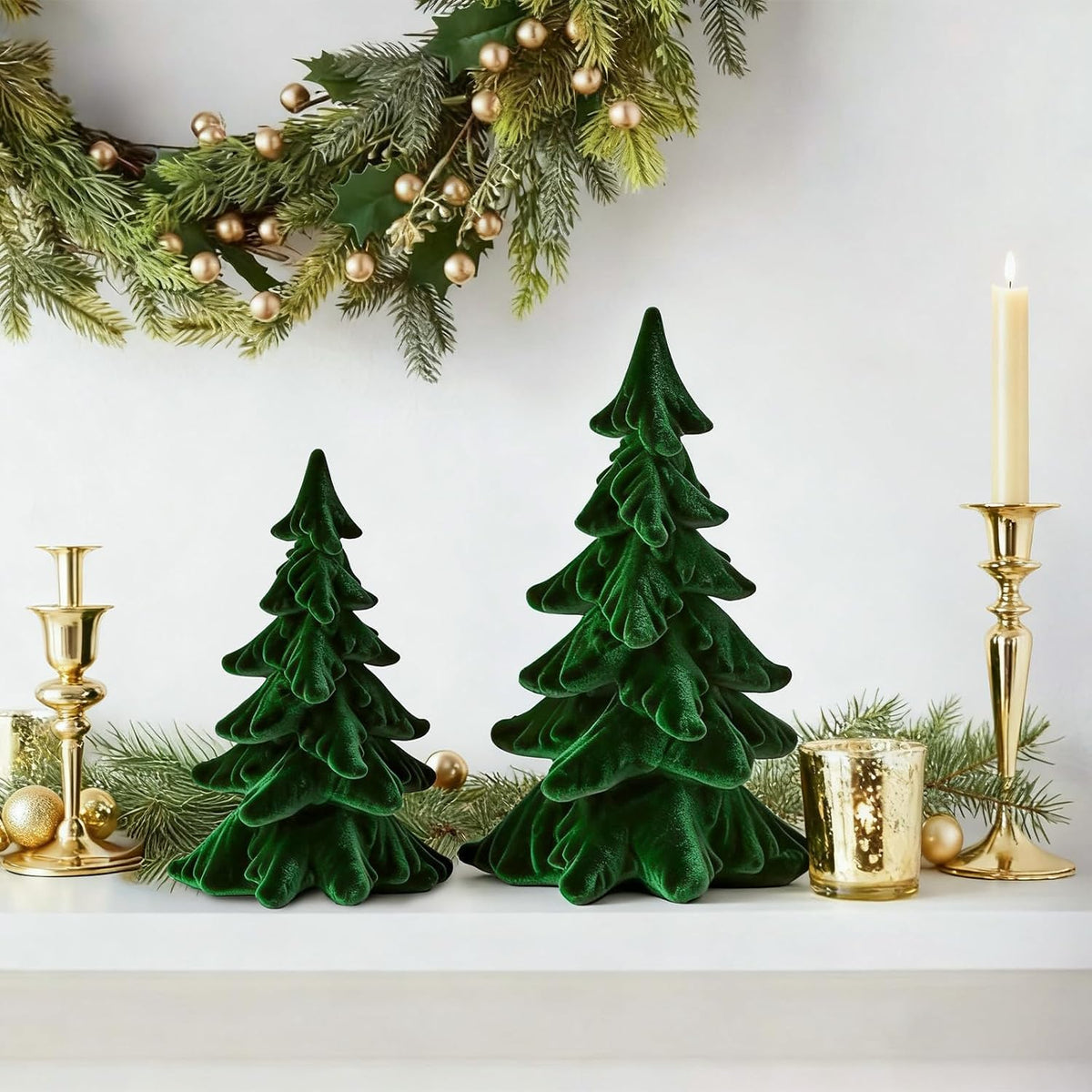 DN DECONATION Flocked Christmas Tree Figurines, Green Velvet Xmas Trees