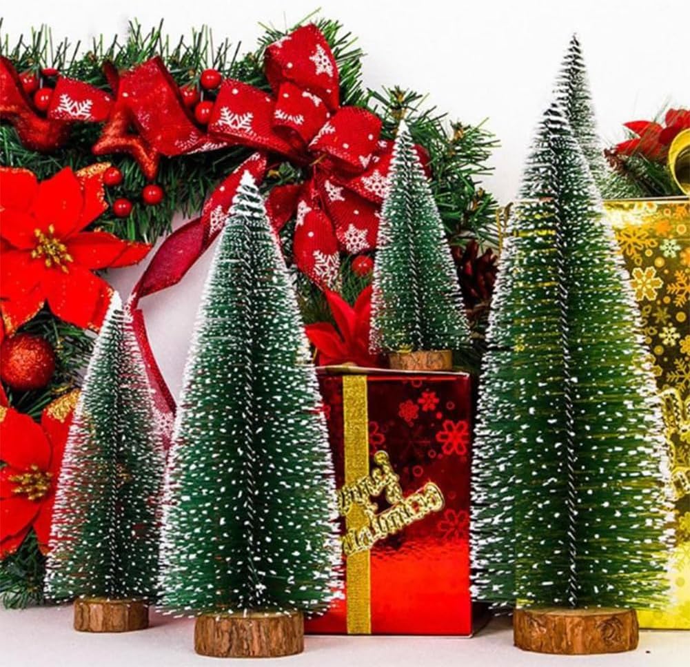 6 Pcs Small Christmas Trees Bottle Brush Christmas Trees Christmas Decorations, Small Christmas Pine Tree with Wooden Base for Christmas Table Decorations (4 Size)