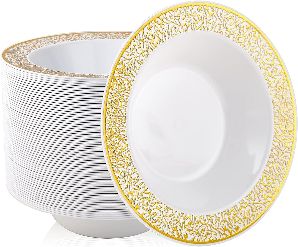 JOLLY PARTY 60PCS Disposable Gold Plastic Dessert Bowls, 12 oz Soup Bowls