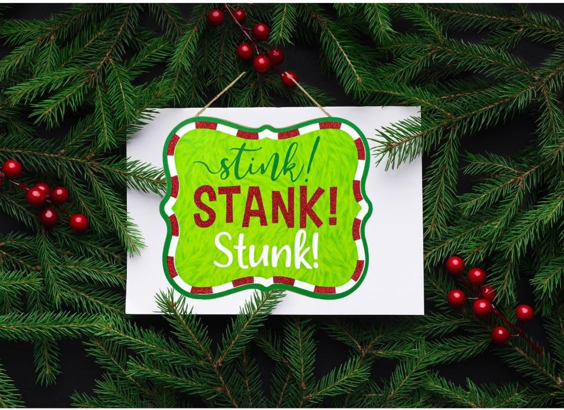 Craig Bachman Stink Stank Stunk 10.5" Wooden Sign/Door Hanger For Christmas Wreath Accents, Crafts, and Wall Decorations - Lime Green, Red, White