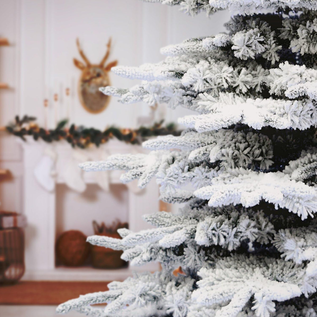 Fraser Hill Farm 9-Ft. Pine Valley Flocked Christmas Tree, Snowy Xmas Tree with DIY Potential with No Attached Lights, Artificial Christmas Tree with Metal Base, Easy to Set up