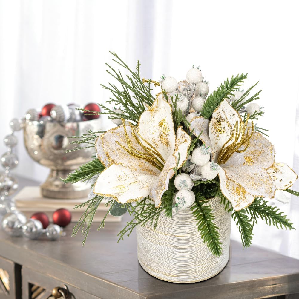 Briful 11.4 Inch Christmas Tree Large Artificial Potted Christmas Arrangment in Pot with White Pine Snowy and Magnolia Xmas Flowers for Centrepieces Table Window Console Countertop DÃ©cor