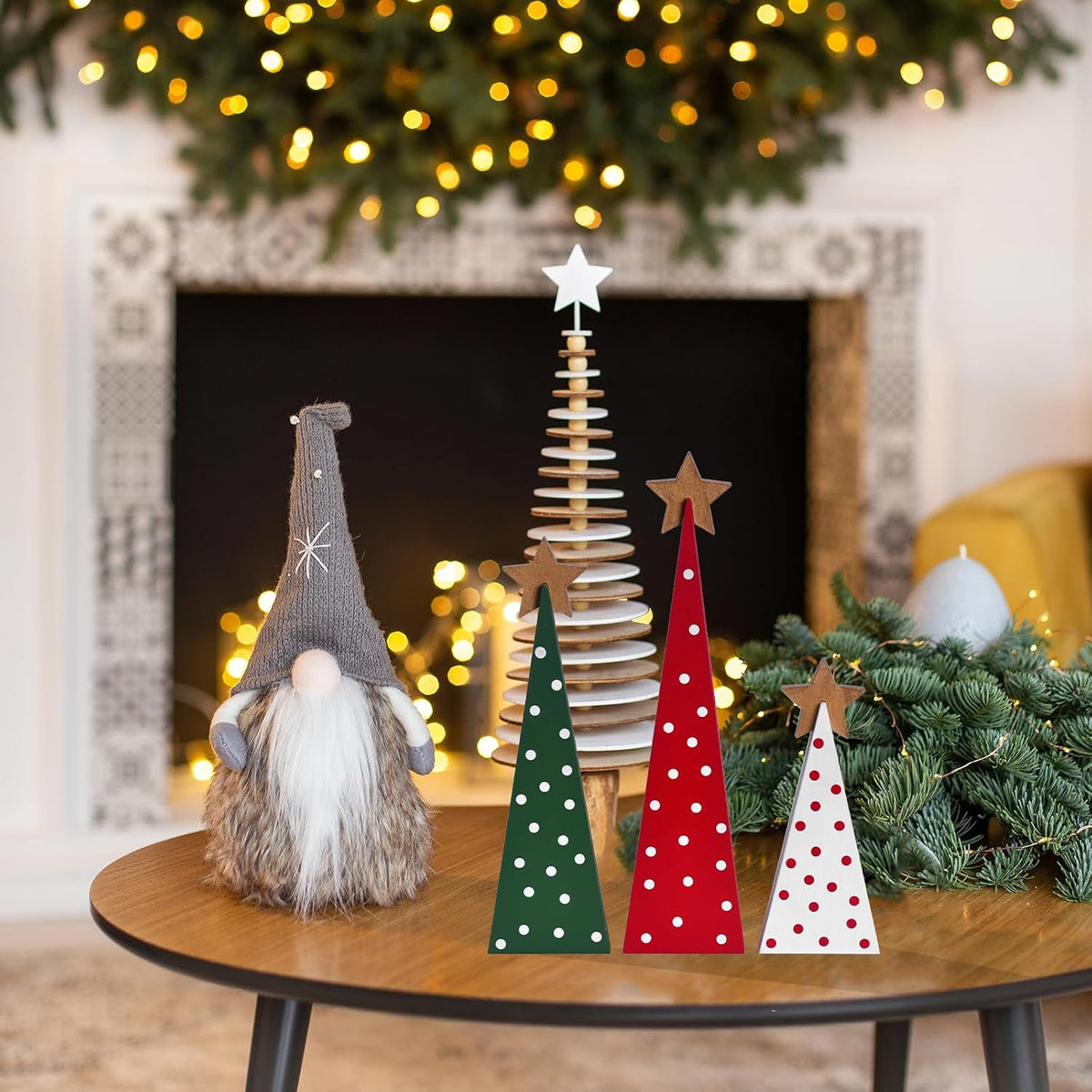Wooden Christmas Tree Table Decor, 3PCs Rustic Wood Xmas Trees with Detachable Stars, Christmas Decorations Tabletop Shelf, Tiered Tray Centerpieces for Holiday Home Decor (Gold Star)