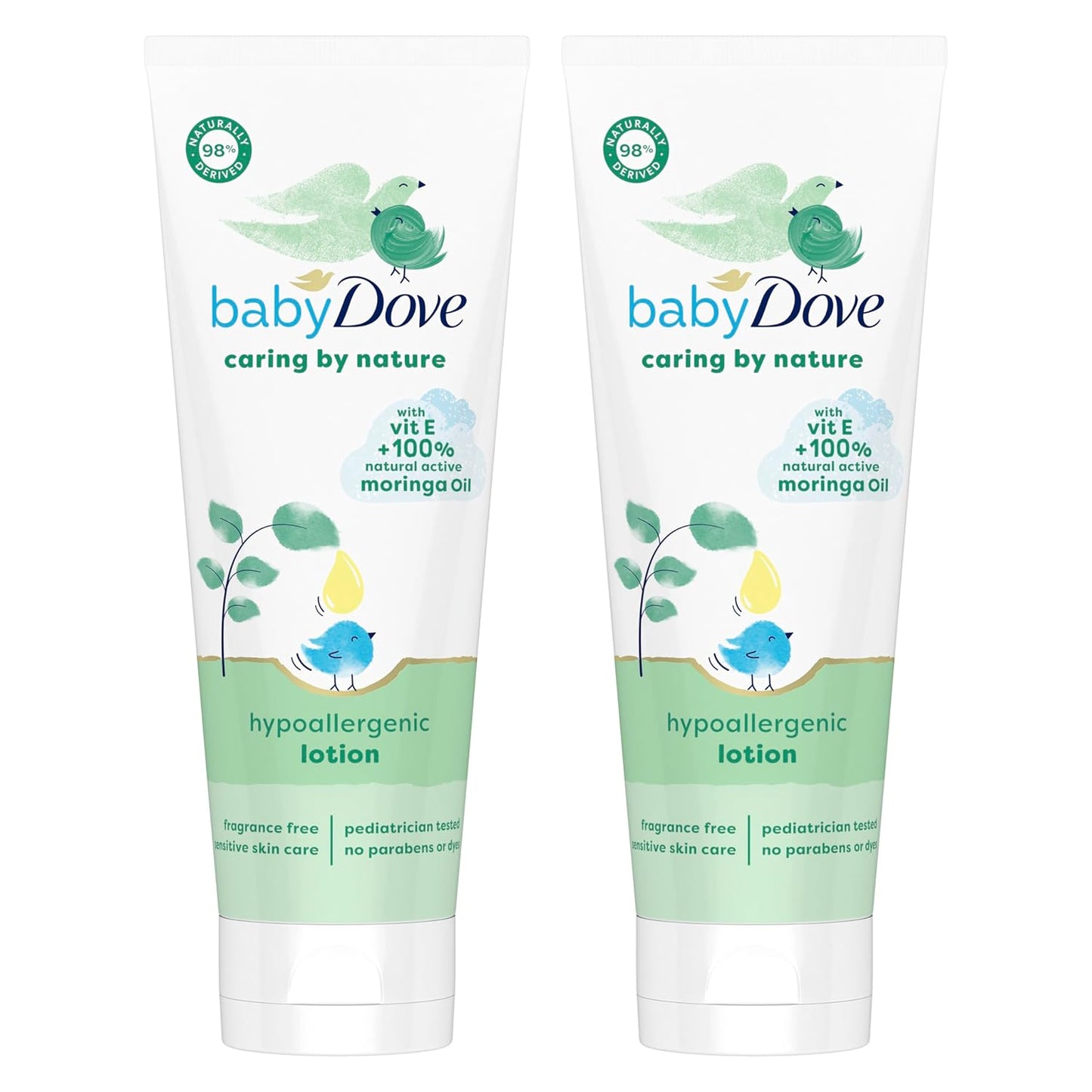 Baby Dove Hypoallergenic Lotion Caring By Nature, 2 Pack Gentle Baby Moisturizer with Vitamin E & 100% Natural Moringa Oil, 13.5 fl oz Each