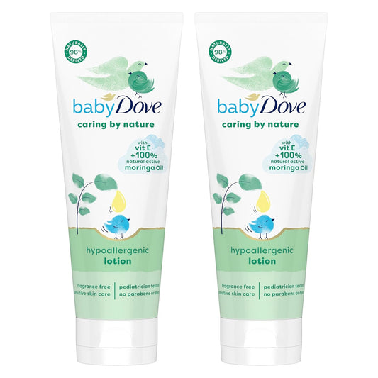 Baby Dove Hypoallergenic Lotion Caring By Nature, 2 Pack Gentle Baby Moisturizer with Vitamin E & 100% Natural Moringa Oil, 13.5 fl oz Each