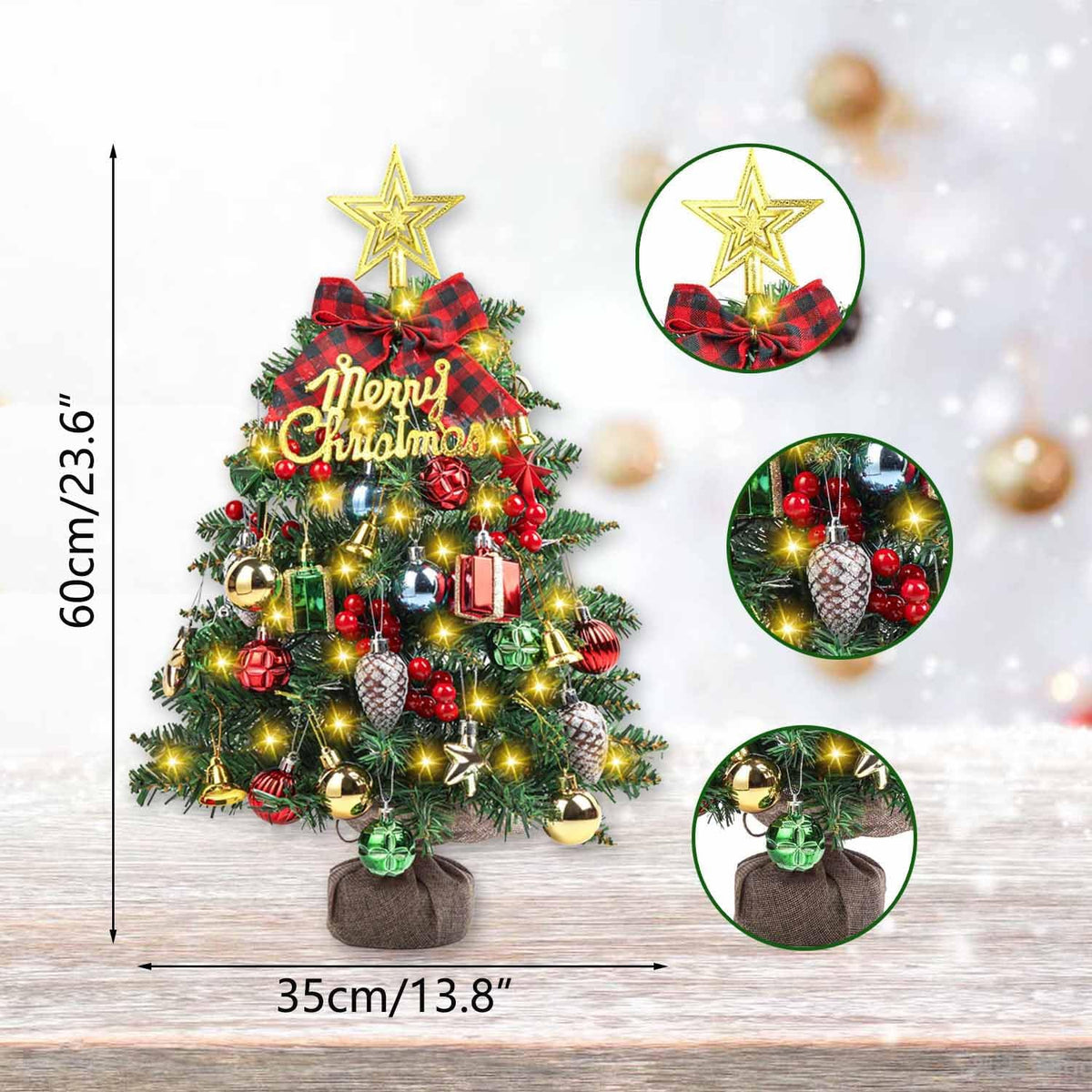 SVNVIOZ 2FT Small Tabletop Mini Artificial Christmas Tree with Lights, Red Green Ornaments - Xmas Tree for Holiday Home Decoration