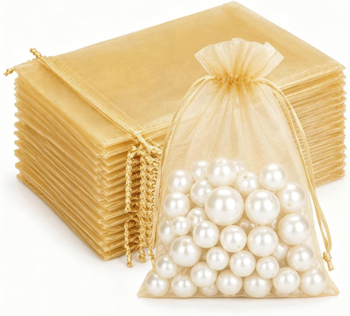 G2PLUS 100PCS Gold Organza Bags, 4x6 in Sheer Mesh Drawstring Bag