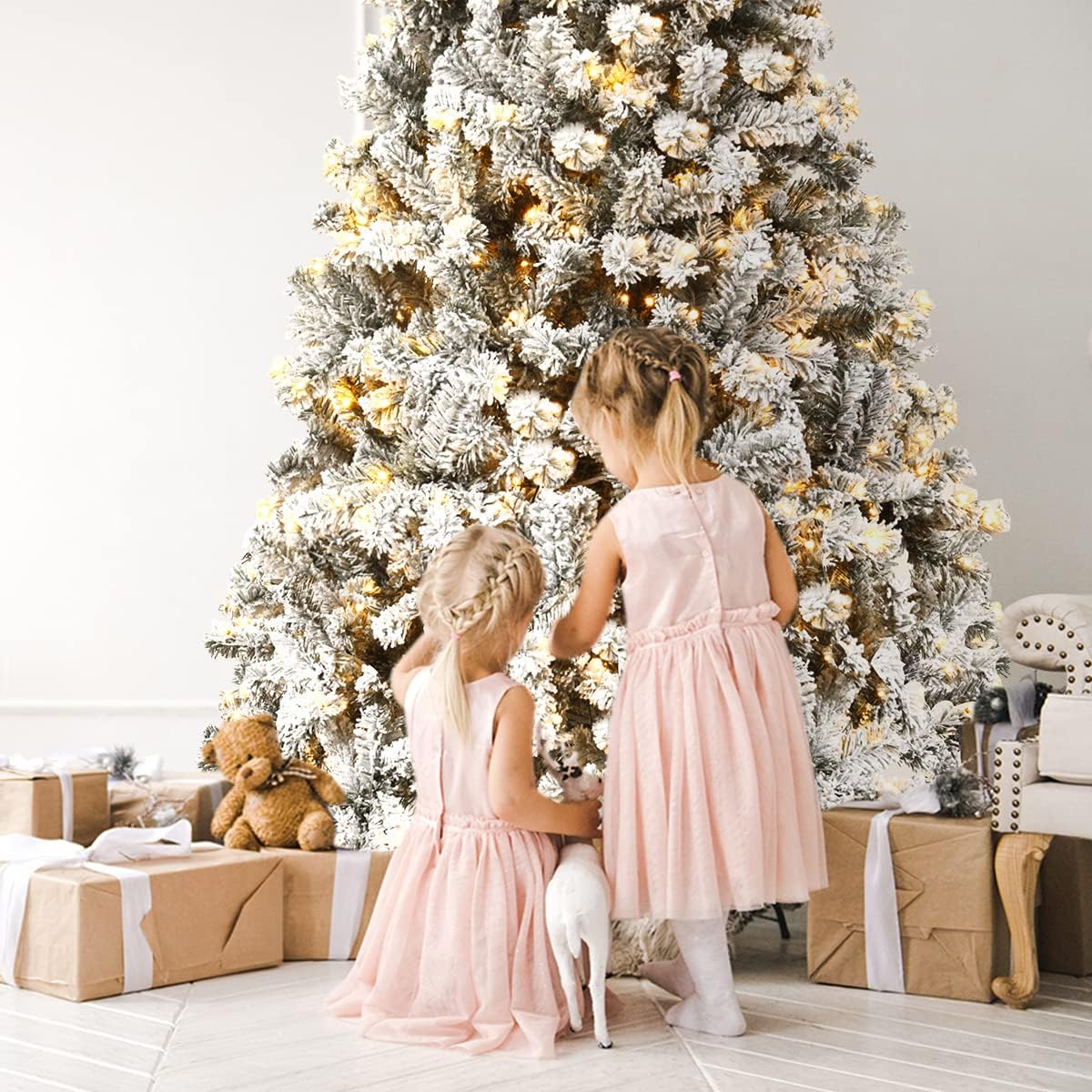 Nightcore 7.5FT Pre-Lit Artificial Christmas Tree, Snow Flocked Hinged Pine Tree w/with 1010 Branches Tips and 450 Warm LED Lights, Perfect Xmas Decoration for Indoor & Outdoor Home Office Party