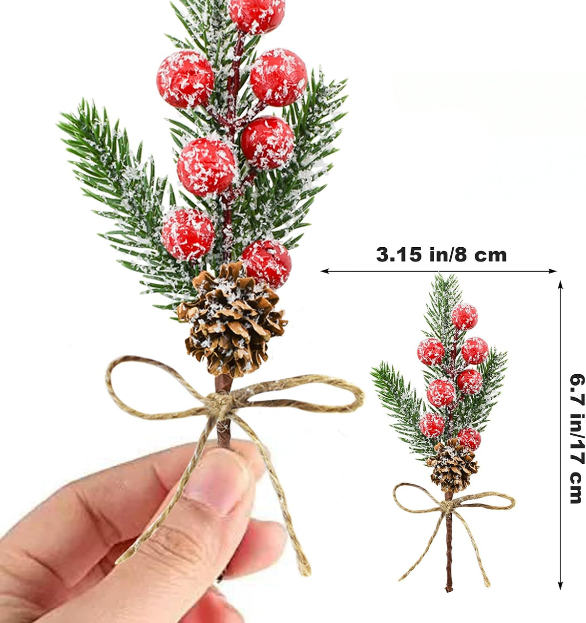 12PCS Christmas Berries Pine Cones Artificial Tree Picks Christmas Decorations with Snow Covered Evergreen Pine Branches for Holiday Family Gathering Craft Gift Wrap Decor