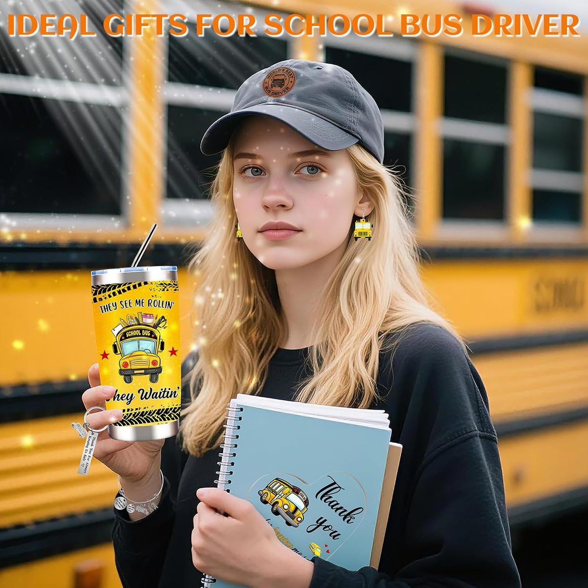 10 Pcs School Bus Driver Appreciation Gifts for Women, Back to School, Christmas Gift with 20 Oz Tumbler Hat Socks Makeup Bag Acrylic Heart Decor Bracelet Keychain, Thank You Gifts for Bus Driver