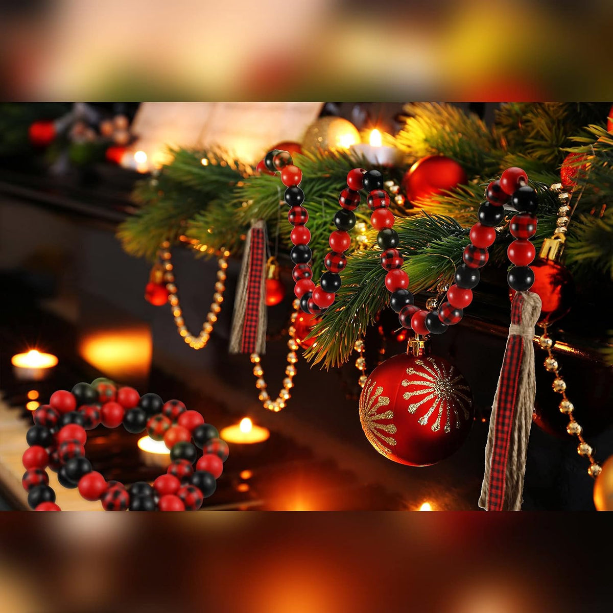Jetec 2 Pcs Wood Bead Garland Buffalo Plaid with Tassels,Black and Red