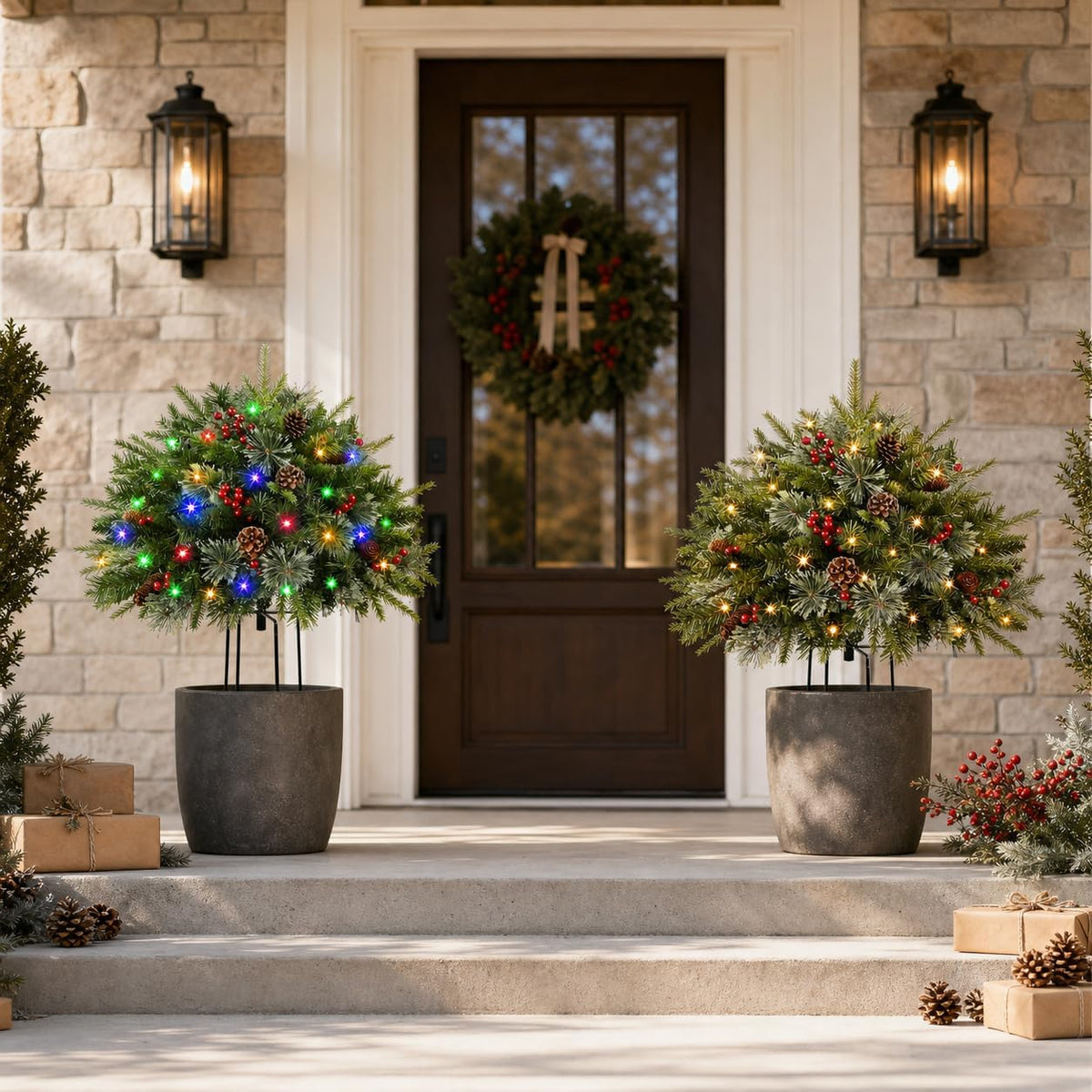 2 Pack Pre-lit Artificial Christmas Urn Filler, 18IN Outdoor Christmas Tree