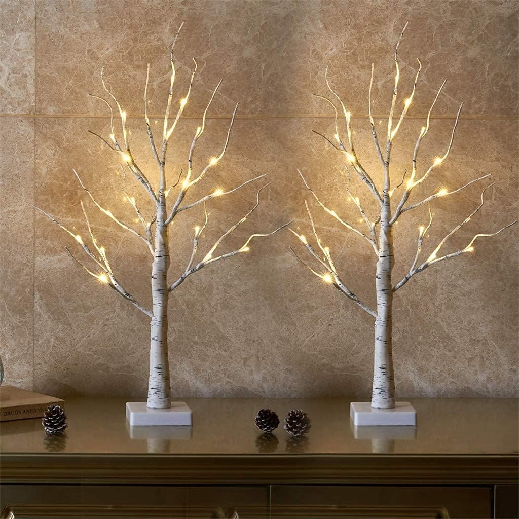 EAMBRITE Christmas Decorations Indoor Lighted Birch Tree Home Decor, 2Pack 24 LED Light Up Tabletop Mini Small Artificial White Trees Lamp with Lights Battery Operated/USB for Table Mantel (2FT)