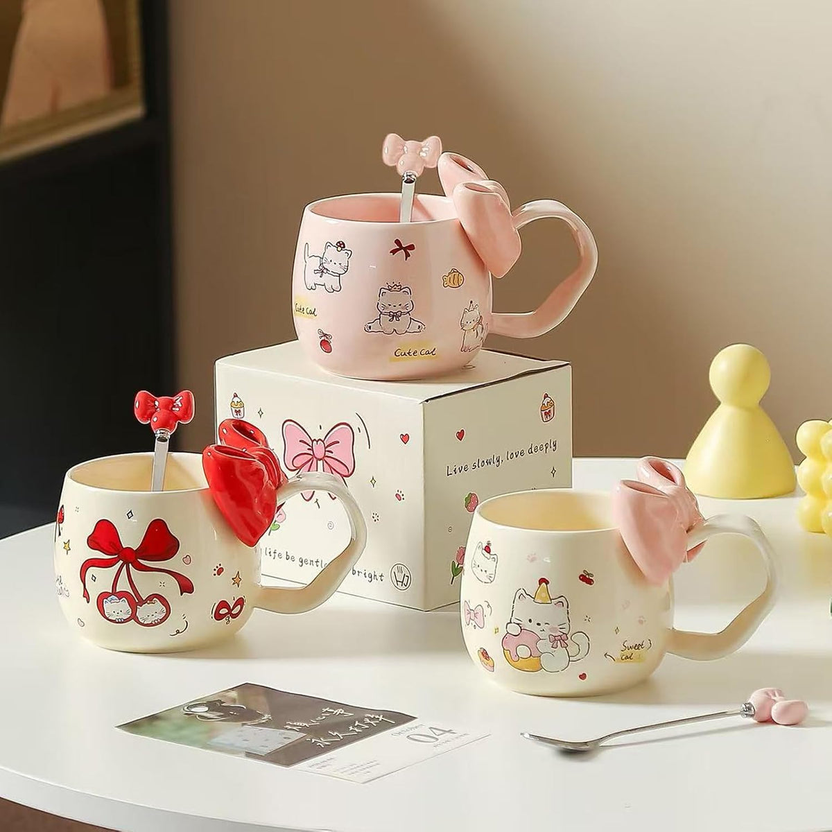 Cute Cherry Cat Ceramic Coffee Mugwith 3D Bow & Bow Spoon