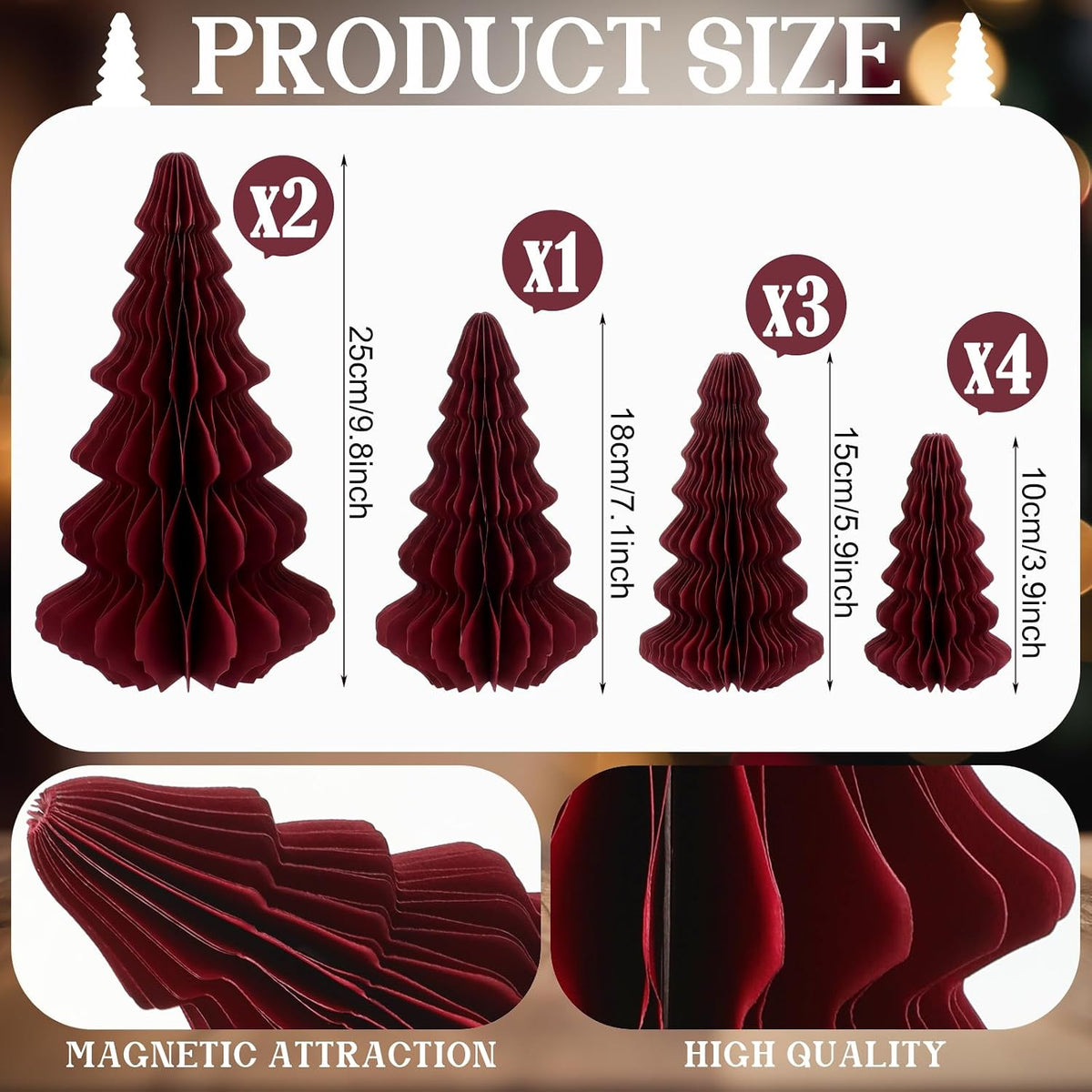 Fullhawl 10 Pcs Honeycomb Paper Christmas Tree, Burgundy, 4/6/7/10 Inch