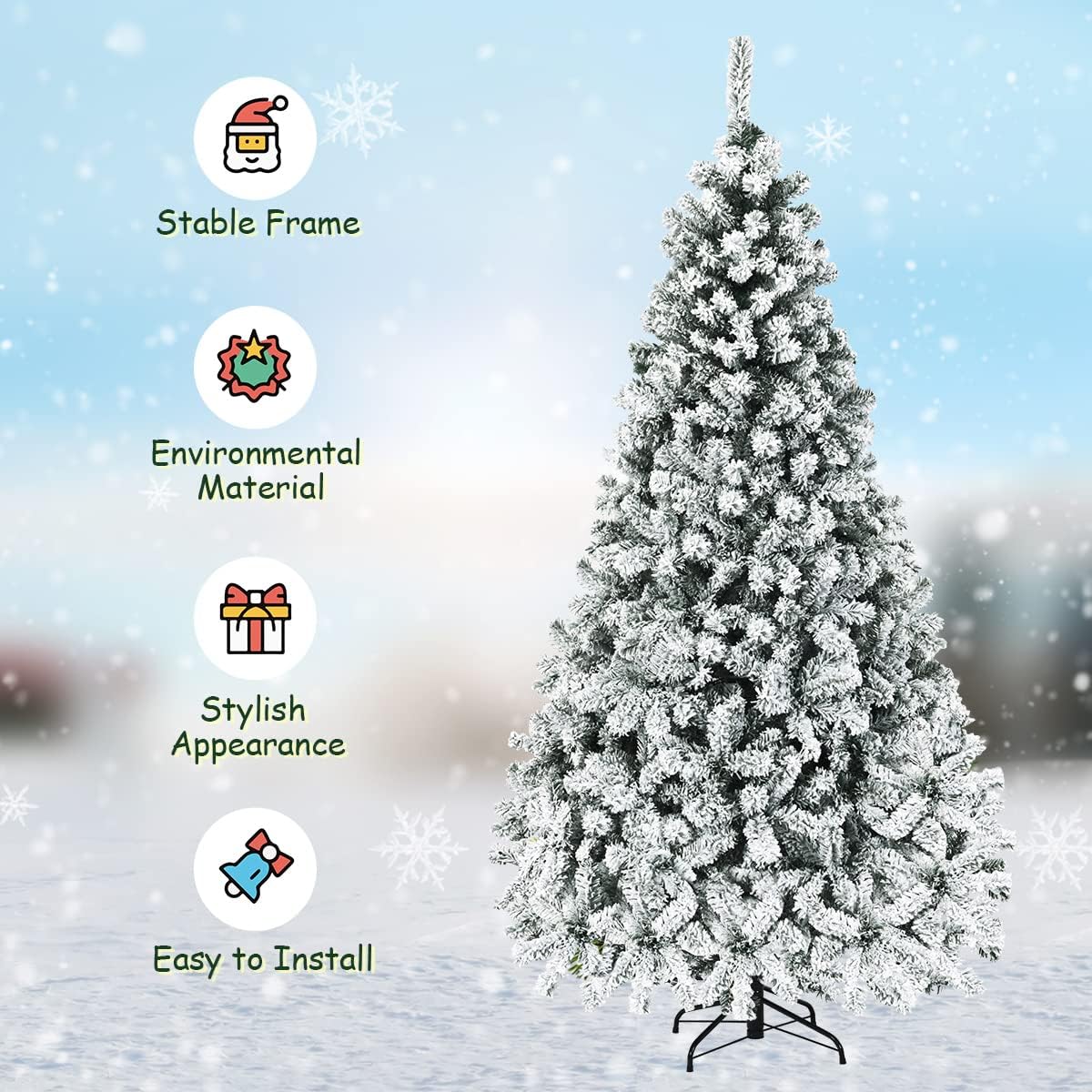 Nightcore 7.5FT Pre-Lit Artificial Christmas Tree, Snow Flocked Hinged Pine Tree w/with 1010 Branches Tips and 450 Warm LED Lights, Perfect Xmas Decoration for Indoor & Outdoor Home Office Party
