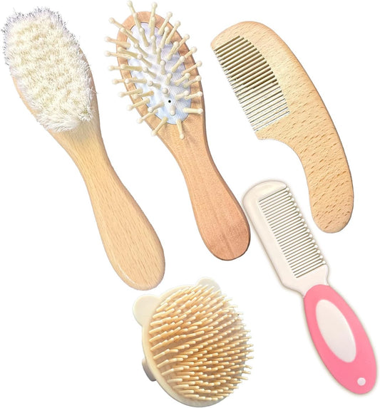 5 Piece Baby Hair Brush and Comb Set with Soft Bristles for Cradle Cap