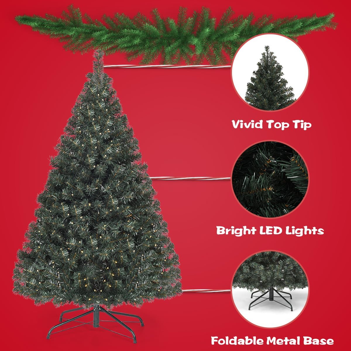 HAPPYGRILL 4.5FT Pre-Lit Artificial Christmas Tree, Auto-Spread Premium Spruce Hinged Tree with 200 LED Lights and Solid Metal Stand, 398 Branch Tips UL-Certified