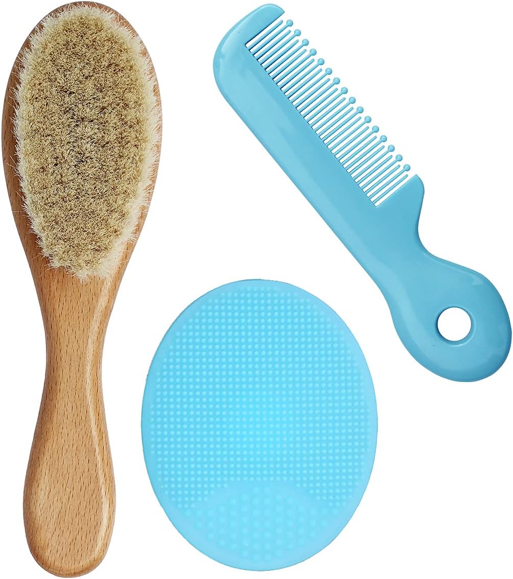 Baby Hair Brush Set Wooden Handle Silicone Brush Soft Goat Bristles for Newborns Toddlers