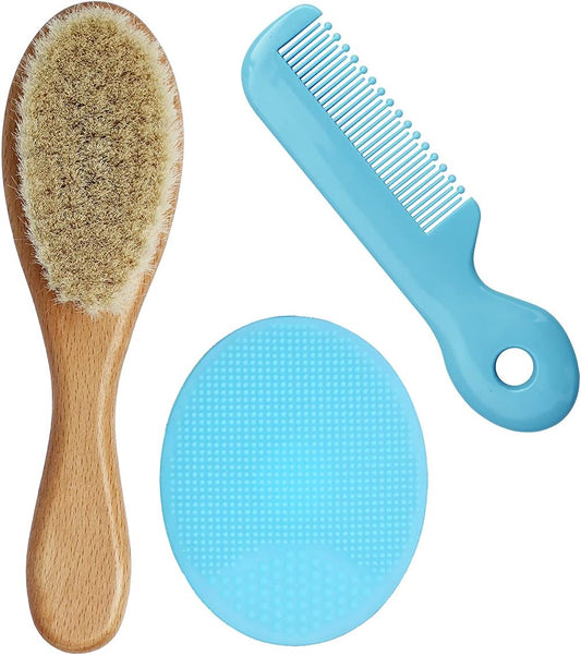 Baby Hair Brush Set Wooden Handle Silicone Brush Soft Goat Bristles for Newborns Toddlers