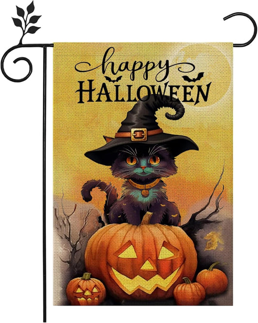 12×18 in Double-Sided Halloween Cat & Pumpkin Burlap Garden Flag Yard Décor | USA Decoration®