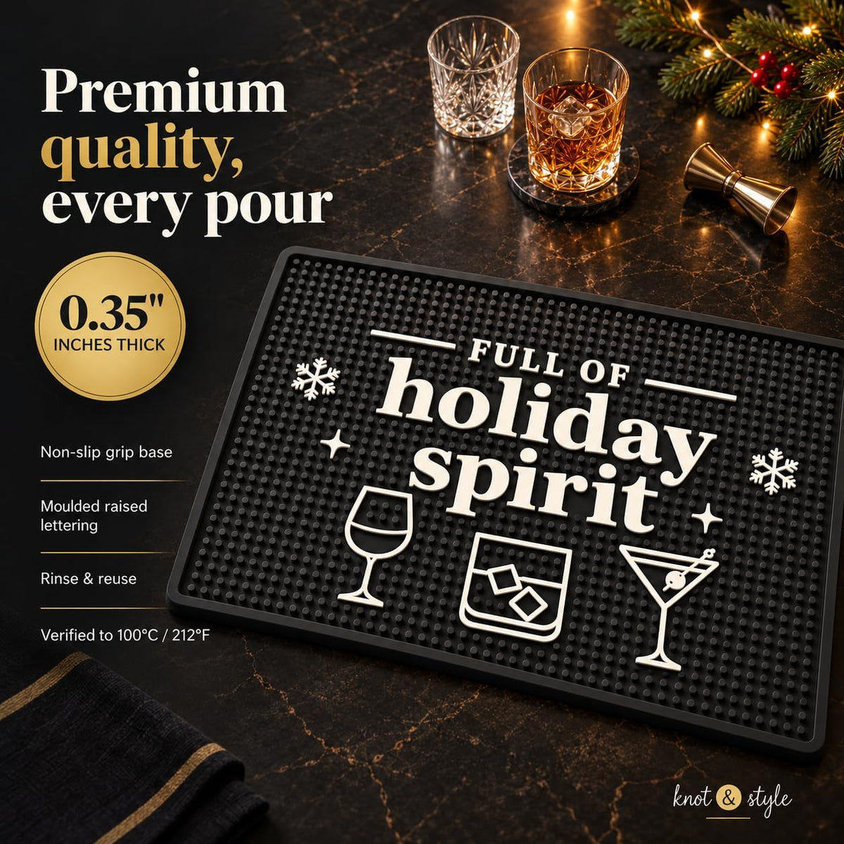 Christmas Bar Mat, Full of Holiday Spirit Bar Cart Decor, 18 x 12 in Rubber