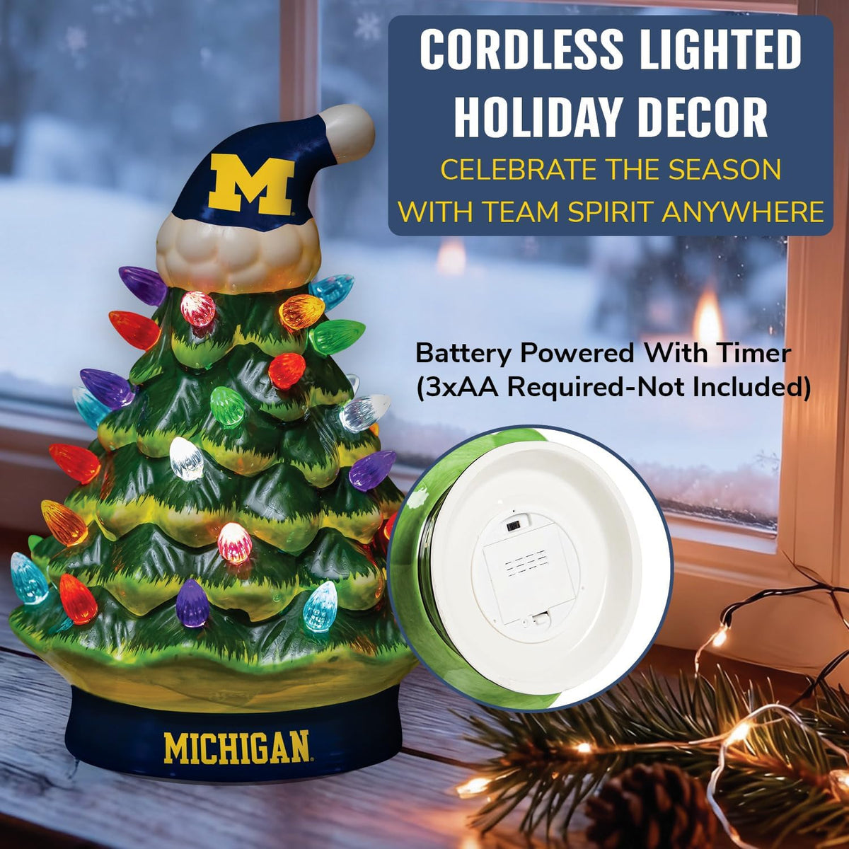 NCAA University of Michigan Ceramic Christmas Trees That Light Up | 8" LED Vintage Christmas Tree | Officially Licensed Team Logo | Christmas Tabletop Decorations for Home
