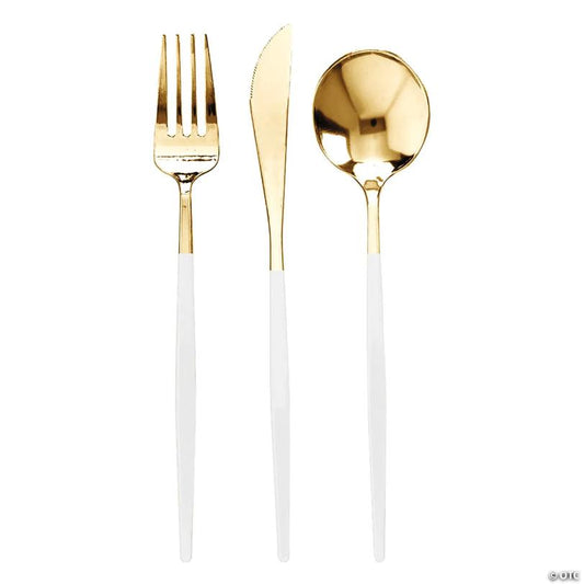720 Pc. Gold with White Handle Moderno Disposable Plastic Cutlery Set - Spoons, Forks and Knives (240 Guests) | USA Decoration®