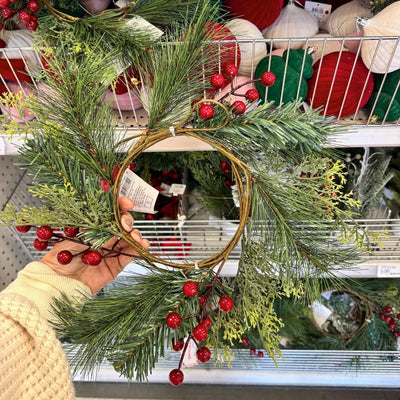 22" Mixed Pine with Red Berries Artificial Christmas Wreath - Indoor/Outdoor Use