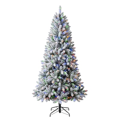 7.5-ft Flocked Greensboro Spruce Pre-lit Artificial Christmas Tree with Color Changing LED Lights | USA Decoration®