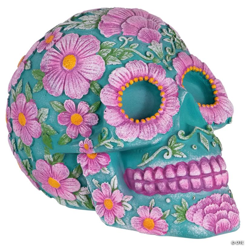 7.75" Blue and Pink Day of the Dead Skull Coin Bank